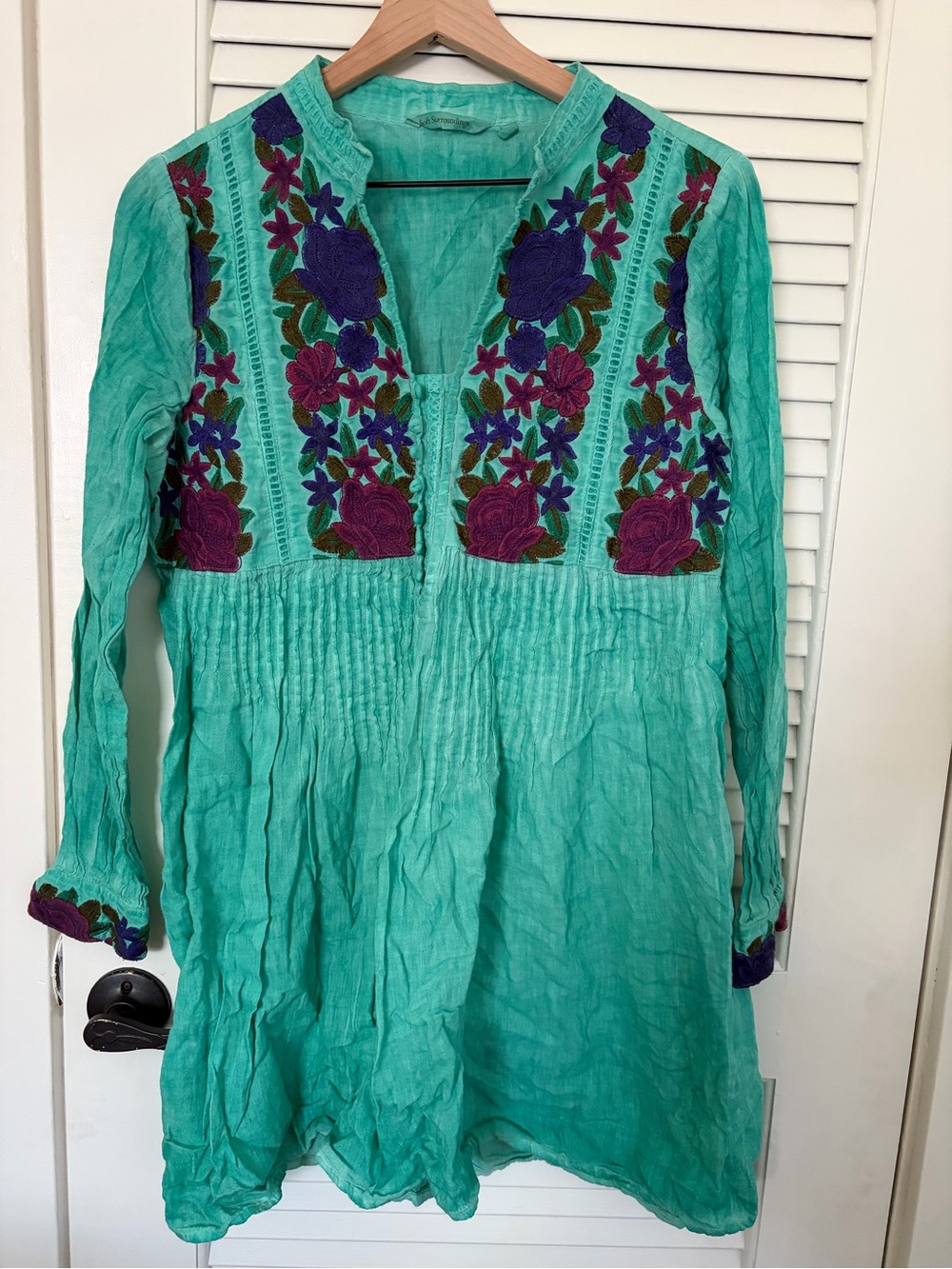 Soft Surroundings Turquoise Embroidered Long-Sleeve Tunic Dress